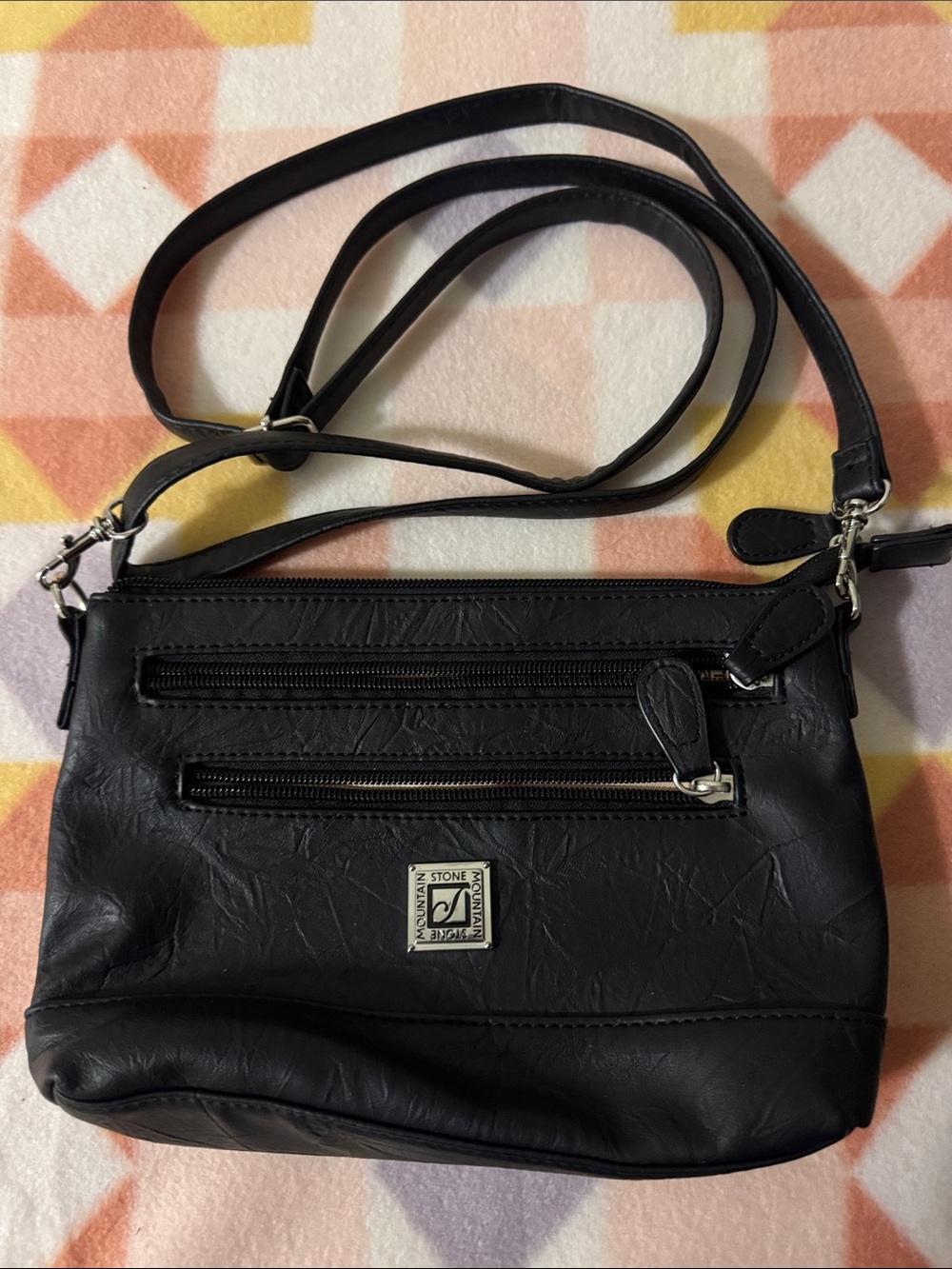 Stone Mountain Accessories Black Faux Leather Crossbody with Dual Front Zips-EUC